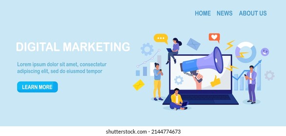 Digital marketing. Hand holding megaphone coming out from laptop. Business analysis, content strategy and management. Advertising Social media campaign, communication, SEO