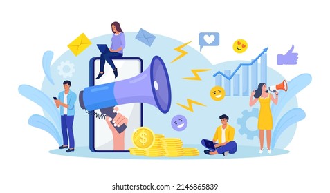 Digital marketing. Hand holding megaphone coming out from phone. Business analysis, content strategy and management. Advertising Social media campaign, communication, SEO. Vector design