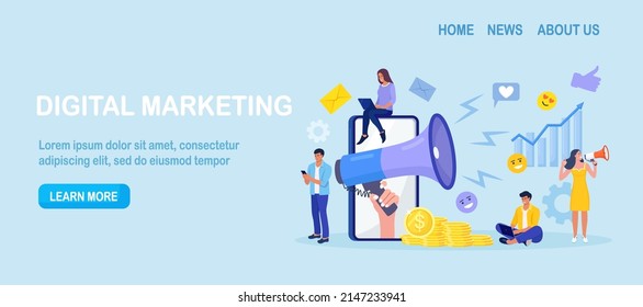 Digital marketing. Hand holding megaphone coming out from phone. Business analysis, content strategy and management. Advertising Social media campaign, communication, SEO. Vector design