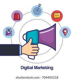digital marketing hand holding megaphone app media icons