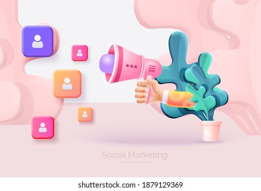 Digital Marketing. Hand holds a megaphone on a pink background. Impact on social groups. Social networks. Vector illustration 3D style.