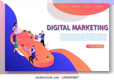 Digital Marketing Horizontal Banner, Copy Space. Business People Work Together on Project in Office Around of Big Oval Table. Blue and Orange Gradient Palette. 3D Isometric Vector Illustration