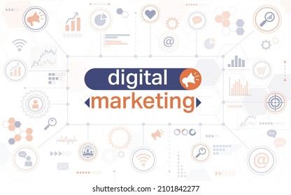 Digital marketing horizontal web banner. Marketing network concept with text, icons, charts and infographic elements. Vector illustration