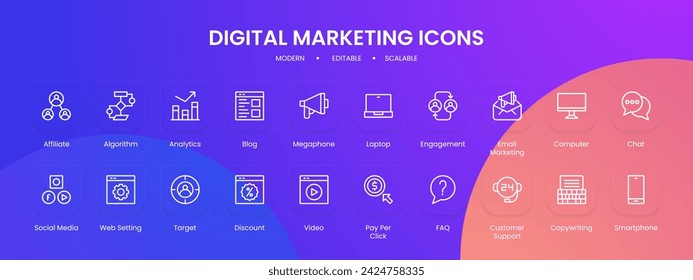 Digital marketing icon collection with black outline style. marketing, digital, media, social, business, web, technology. Vector Illustration