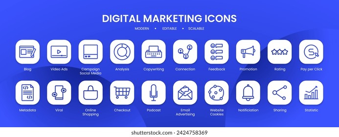 Digital marketing icon collection with black filled line outline style. marketing, digital, media, social, business, web, technology. Vector Illustration