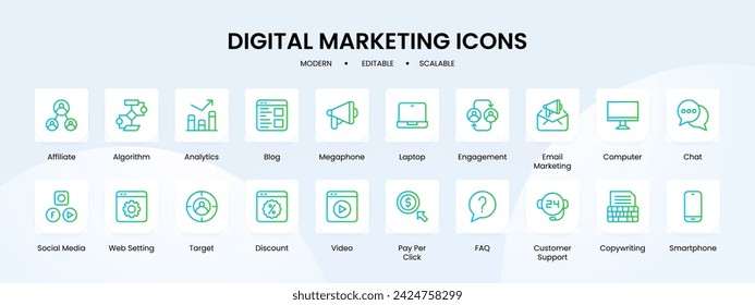 Digital marketing icon collection with blue and green gradient outline style. marketing, digital, media, social, business, web, technology. Vector Illustration