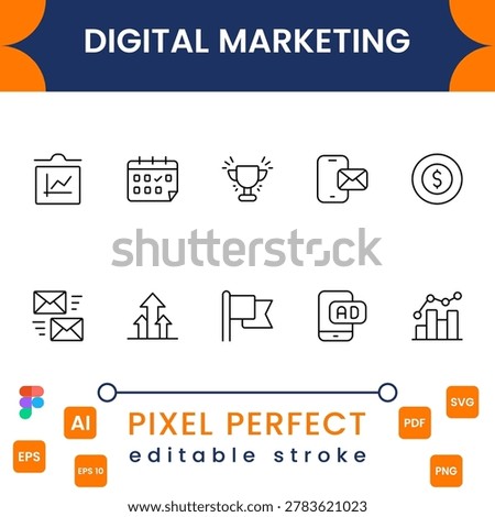 Digital marketing icon collection with SEO, analytics, advertising and business strategy symbols modern minimal vector design
