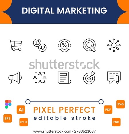 Digital marketing icon collection with SEO, analytics, advertising and business strategy symbols modern minimal vector design