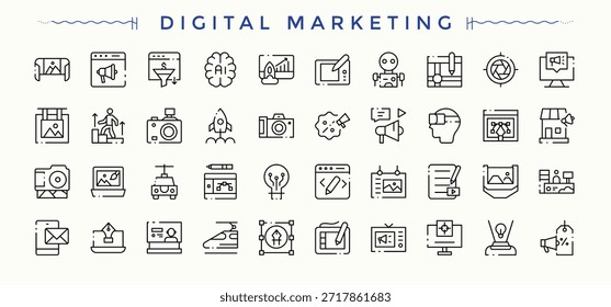 Coleção de ícones do Marketing Digital. Ícones finos definidos. Pixel perfeito. Traçado editável. Pacote de ícones de mercado. Incluído ciberespaço, publicidade, site, mídia, negócios e muito mais.