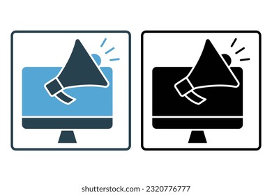 Digital marketing icon. Monitor screen with megaphone. Solid icon style design. Simple vector design editable