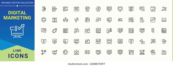 Digital Marketing icon pack. Featuring business, advertising, web, social, cyberspace. Thin web icons. Digital line icon set. Signs for web and mobile app.