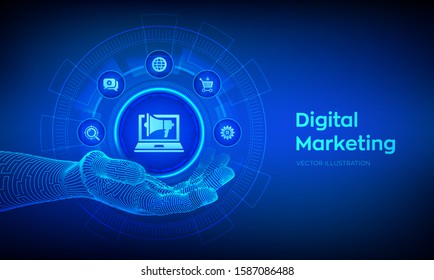 Digital marketing icon in robotic hand. Internet. Online. Search Engine Optimization. SEO. SMM. Advertising. Technology concept on virtual screen. Vector illustration.