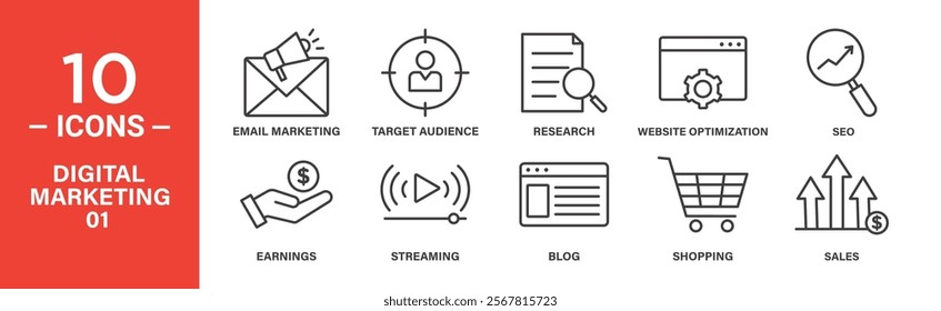 Digital Marketing Icon Set: 10 Editable Vector Icons Highlighting SEO, Website Optimization, and Target Audience.