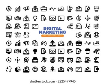 Digital Marketing Icon set with 2 style, outline and flat. This icons can be used for presentations, pitch deck or icon apps.