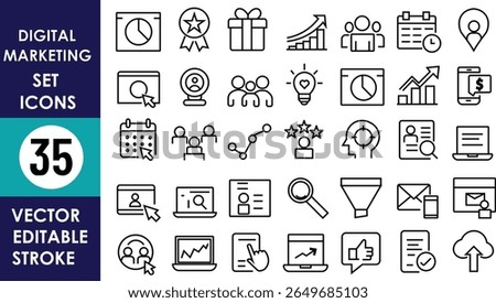 Digital marketing icon set with 35 editable vector icons: graphs, analytics, users, gifts, rankings, ideas, outreach, funnel, mobile, and cloud upload