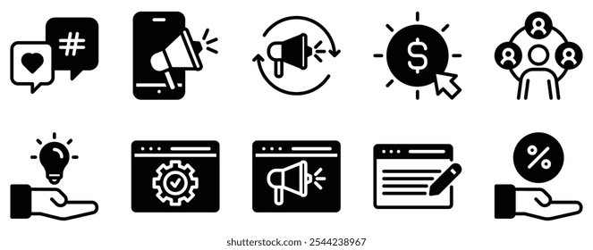 Conjunto de iconos de marketing digital Colección de estilo sólido audaz para estrategias en línea