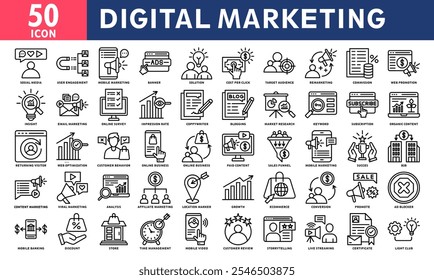 Icono de marketing digital Colección. Vector de línea simple