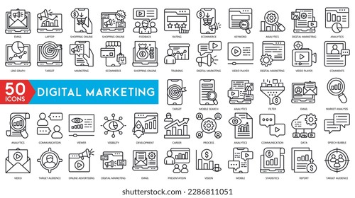 Digital marketing icon set. Containing seo, content, website, social media, sales and online advertising. Solid vector symbol collection
