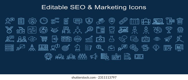 Digital marketing icon set. Containing seo, content, website, social media, sales and online advertising. Solid vector symbol collection