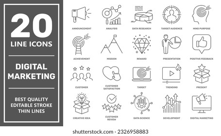 Conjunto de iconos de marketing digital. Contiene seo, contenido, sitio web, medios sociales, ventas y publicidad en línea. Colección de símbolos de vector sólido. Stroke editable. EPS 10