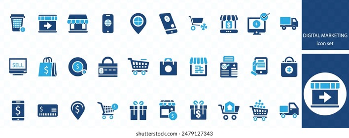 Digital marketing icon set. Containing sea, content, website, social media, sales and online advertising. Solid vector symbol collection