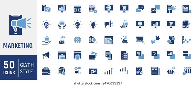 Digital marketing icon set. Containing seo, content, website, social media, sales and online advertising. Glyph vector symbol collection.