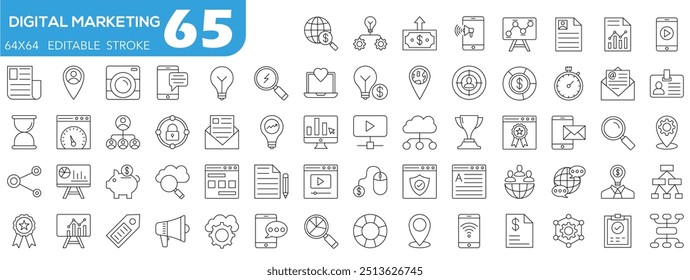 Digital marketing icon set. Containing seo, content, website, social media, sales and online advertising. Solid vector symbol collection.