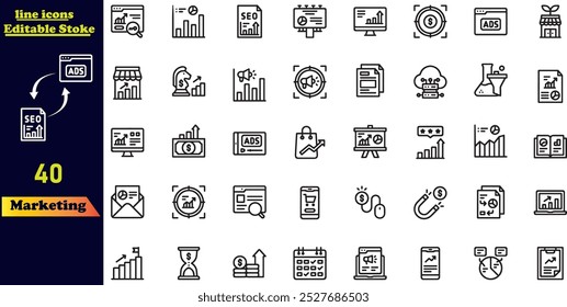 Conjunto de ícones de marketing digital. Contendo seo, conteúdo, site, ícones de mídias sociais.