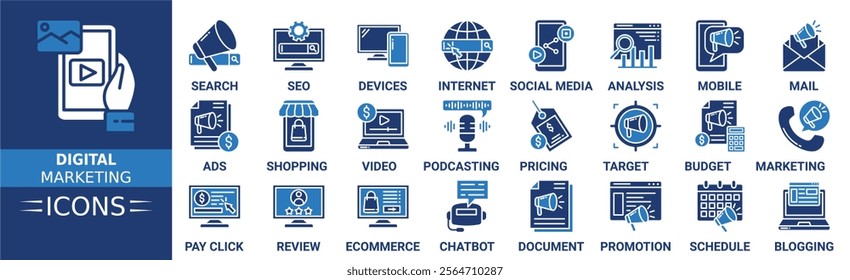 Digital marketing icon set. Containing search, seo, devices, internet, social media, analysis, mobile, mail and more. Solid vector icons collection