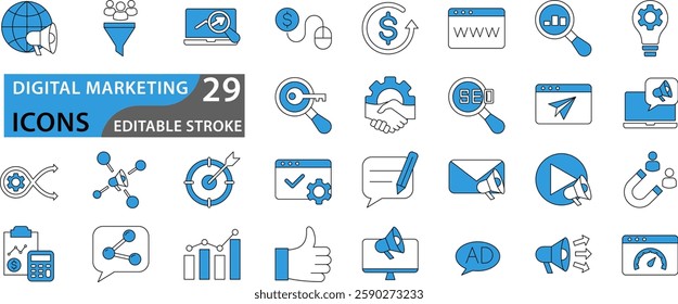 Digital marketing icon set. Containing seo, content, website, and online advertising. icon vector collection.