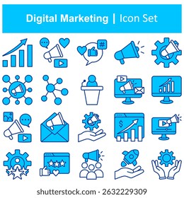 Digital Marketing icon set. Containing seo, content, website, social media, sales and online advertising. Solid vector symbol collection.