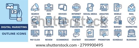 Digital marketing icon set. Containing search, seo, devices, internet, social media, analysis, mobile, mail and more. Outline vector icons collection