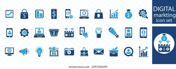 conjunto de iconos de marketing digital .  Contenido, búsqueda, marketing, ecommerce, seo, dispositivos electrónicos, internet, análisis, social y más icono plano