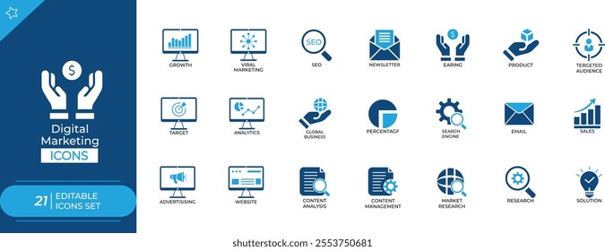 
Digital Marketing Icon Set. Features editable icons for quality assurance symbols, inspection, standards, compliance, and more. Perfect for manufacturing, industrial, and business designs.