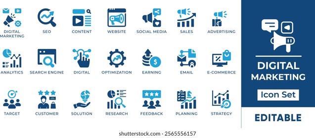 Digital Marketing Icon Set. Features editable icons for digital marketing, SEO, content social media marketing, and email marketing. Perfect for digital marketers, businesses, and websites.