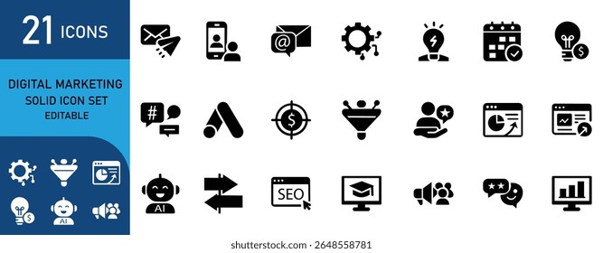 Digital marketing icon set featuring advertising, SEO, strategy, promotion, content, analytics, mobile, campaign, branding, engagement, and growth tools.
