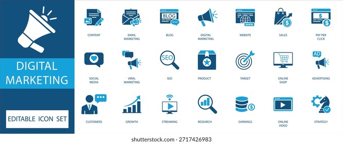 Conjunto de íconos de marketing digital con redes sociales, marketing por correo electrónico, estrategia de contenido, crecimiento de ventas, publicidad en línea, análisis de Sitio web Video e iconos vectoriales de transmisión.