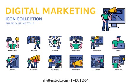 Conjunto de iconos de marketing digital, estilo de contorno relleno. Para aplicaciones, sitios web, infografía, anuncios, etc.