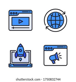 Digital marketing icon set (Filled Line) = web play, browser refresh, rocket launch, advertising