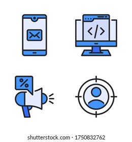 Juego de iconos de marketing digital (línea rellenada) = smartphone, codificación, publicidad, hombre de destino