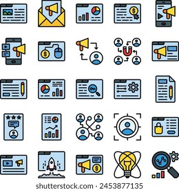 Digital marketing icon set in filled line style. Containing analytic, copywriting, email marketing, report, seo, website, etc.