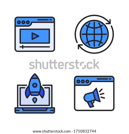 Digital marketing icon set (Filled Line) = web play, browser refresh, rocket launch, advertising