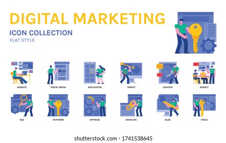 Digital marketing icon set, flat style. For applications, website, infographic, ads, etc.