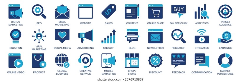 Digital marketing icon set in flat duotone solid icons web design. Pack pictograms with seo, email, sales, content, pay per click, analytics, target audience, social media, other. Vector illustration.