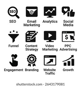Digital Marketing Icon Set in Flat Black Style for Strategy and Promotion Concepts