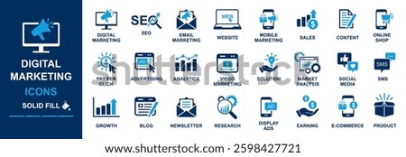 digital marketing icon set including seo, email marketing, website, blogs, mobile marketing, sales, content, online shop, ppc, advertising, social media, e commerce, product etc. vector eps icons