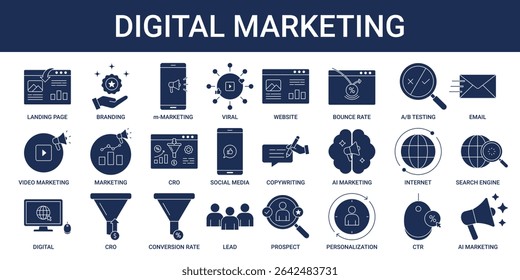 
Ícone de Marketing Digital definido com landing page, CRO, CTR, taxa de rejeição, AI marketing e AB ícone de teste