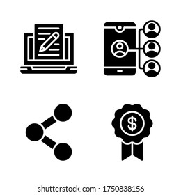 Digital marketing icon set = laptop edit, affiliate marketing, share, medal