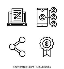 Digital marketing icon set = laptop edit, affiliate marketing, share, medal
