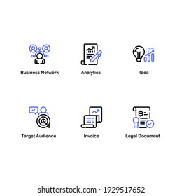 Digital Marketing Icon Set, Line Style. Business Network, Idea, Legal Document and More. Editable Stroke in Blue and Black Color